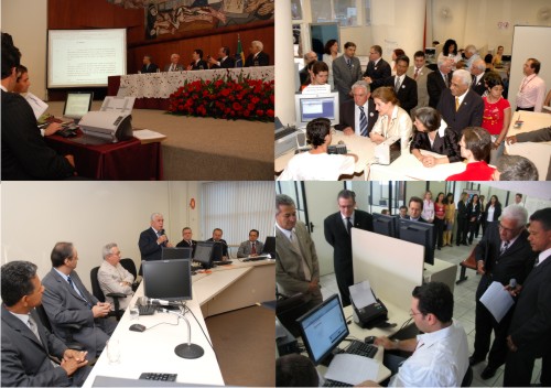 Foto: Sistema CNJ em quatro momentos: lanamento, visita da minstra Ellen Gracie ao
Juizado Especial da UFMG, primeiro julgamento 
eletrnico nas Turmas Recursais e implantao
na Unidade Barreiro do Jesp